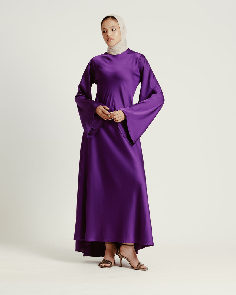Flared-sleeve Satin Dress in Purple