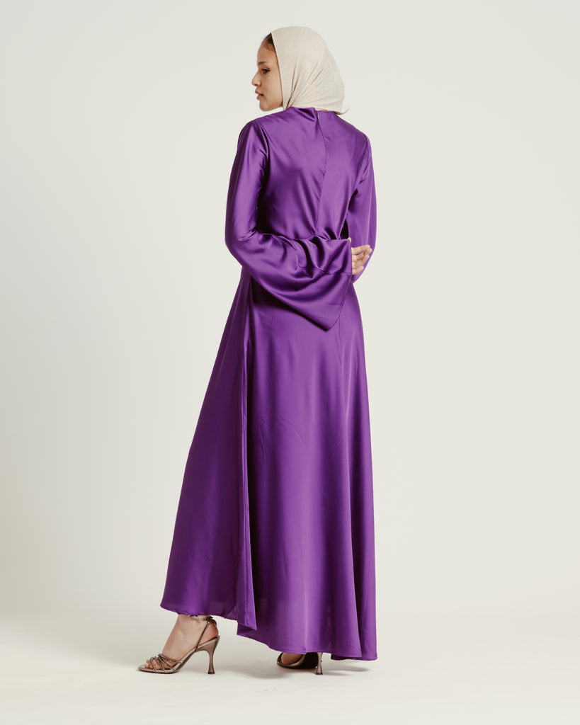 Flared-sleeve Satin Dress in Purple