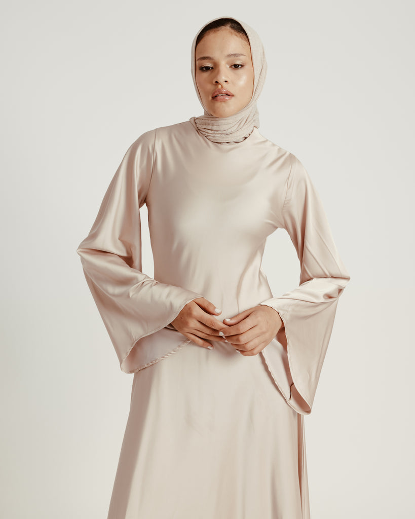Flared-sleeve Satin Dress in Beige