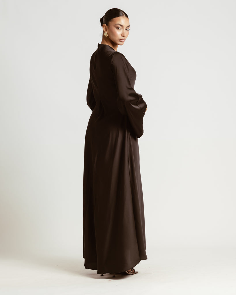 Flared-sleeve Satin Dress in Black