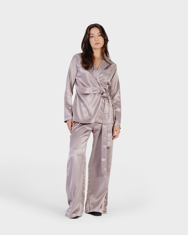 Satin Wrap Blazer Set in Mocha