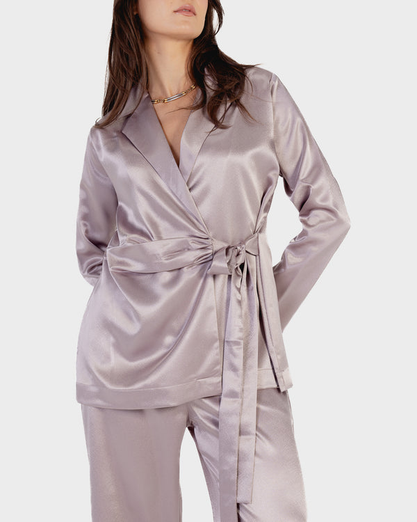 Satin Wrap Blazer Set in Mocha