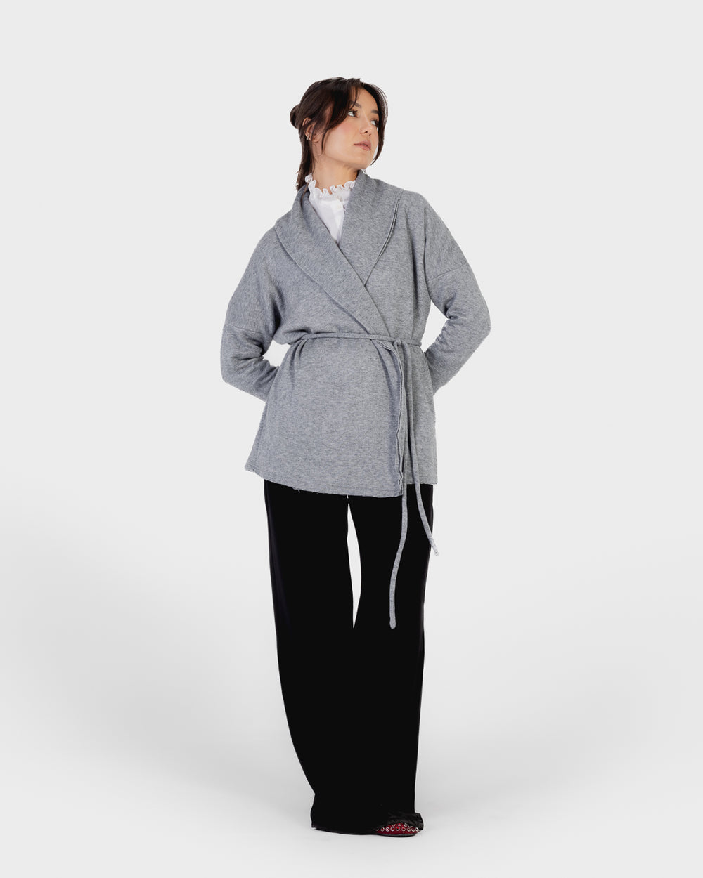 Knitted Belted Cardigan in Grey