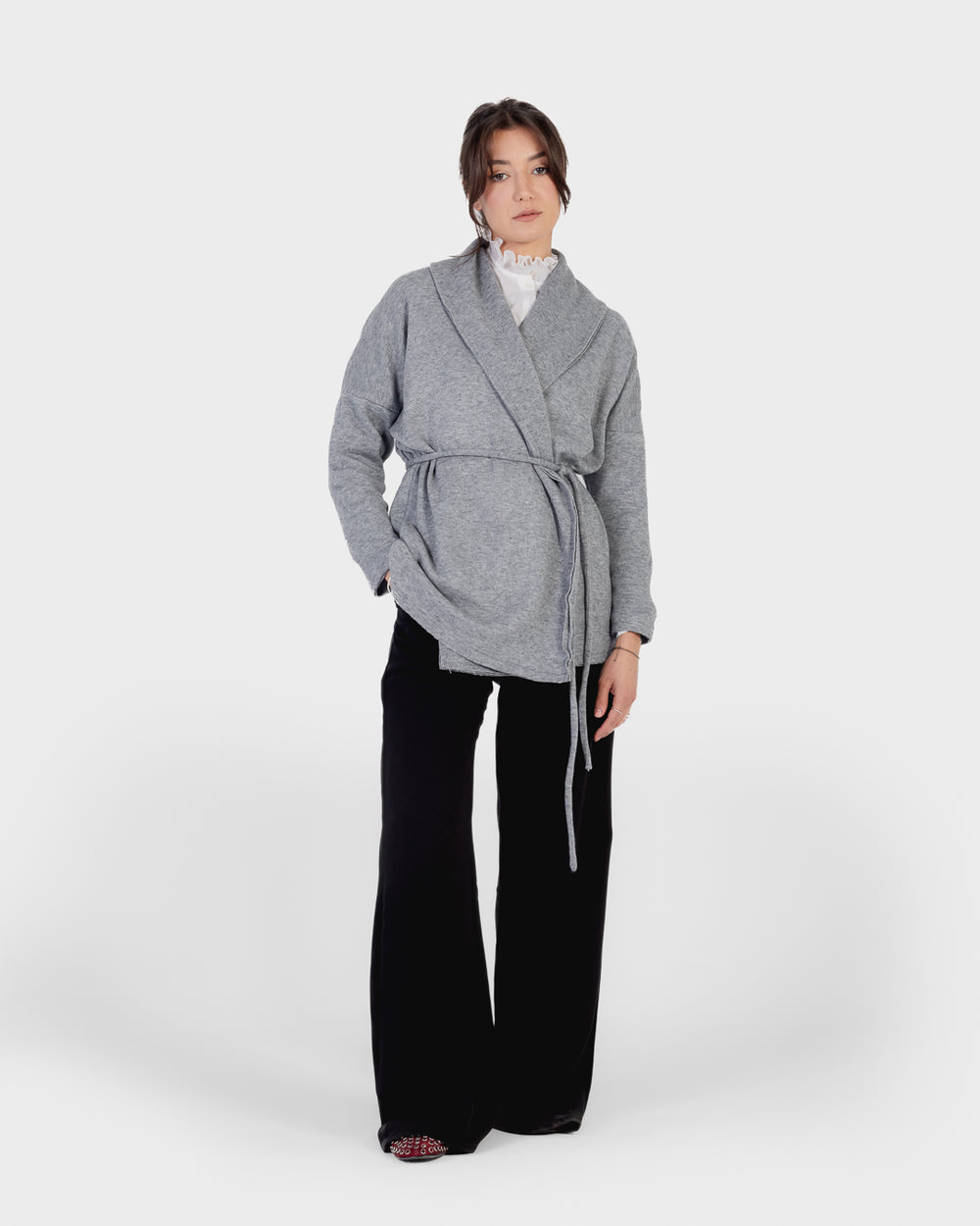 Knitted Belted Cardigan in Grey