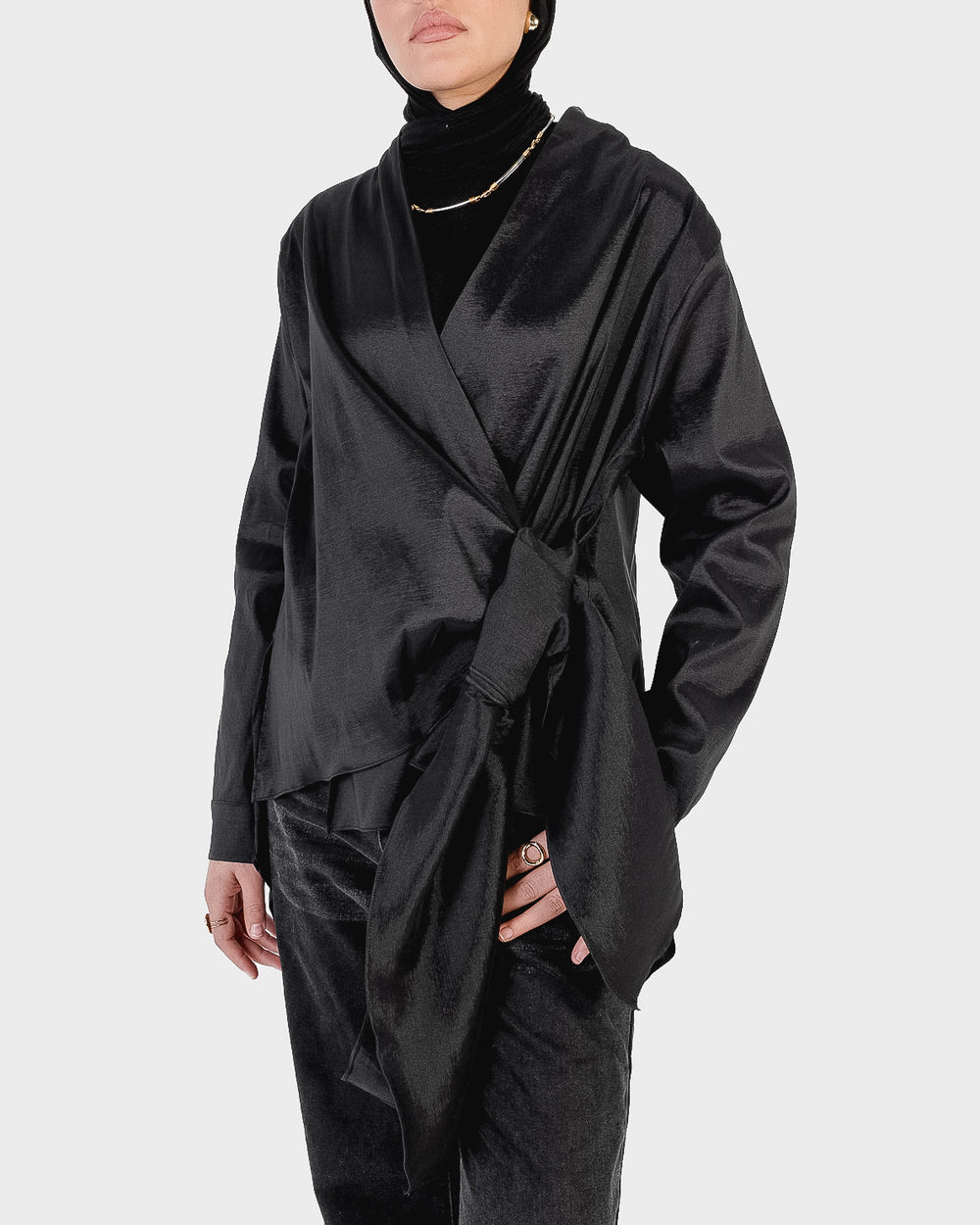 Side Wrap Taffeta Top in Black