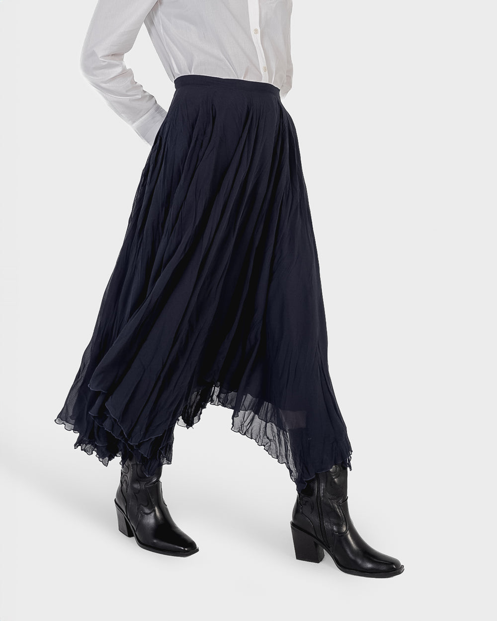 Crinkled Chiffon Skirt in Navy