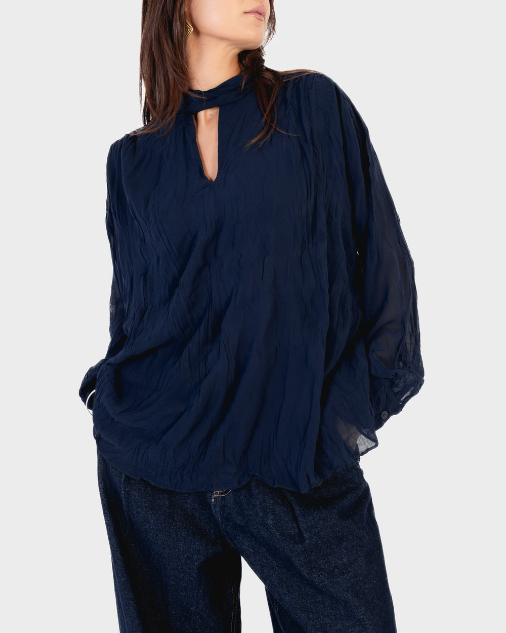 Crinkled Chiffon Top in Navy