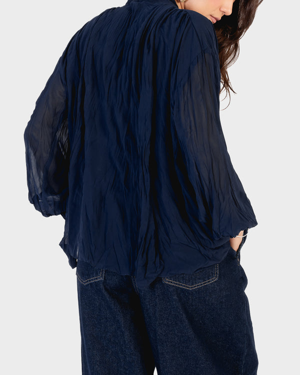 Crinkled Chiffon Top in Navy