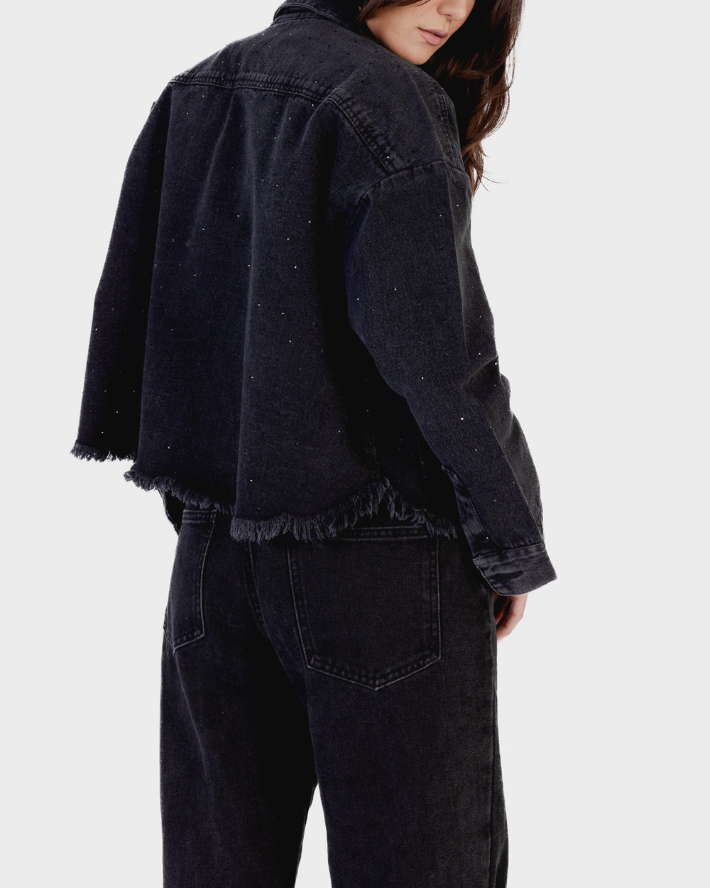 Bedazzled Raw-Hem Denim Jacket in Black