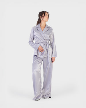 Satin Wrap Blazer Set in Silver