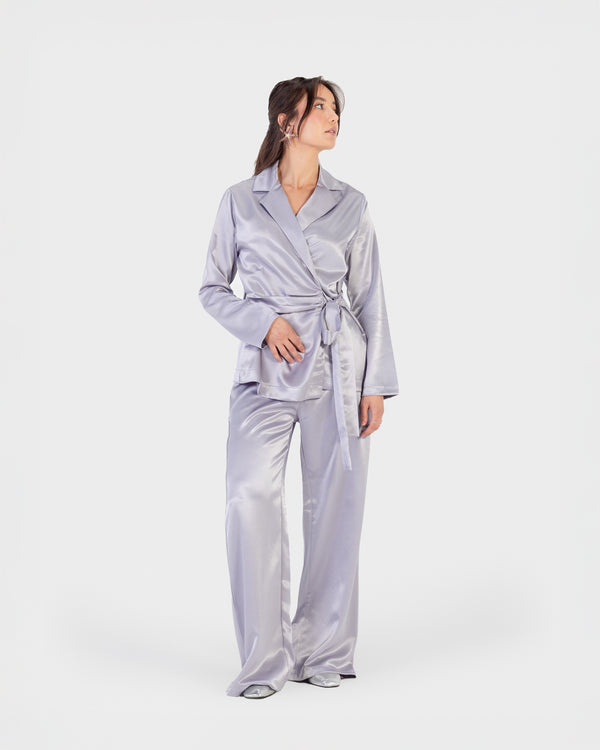 Satin Wrap Blazer Set in Silver