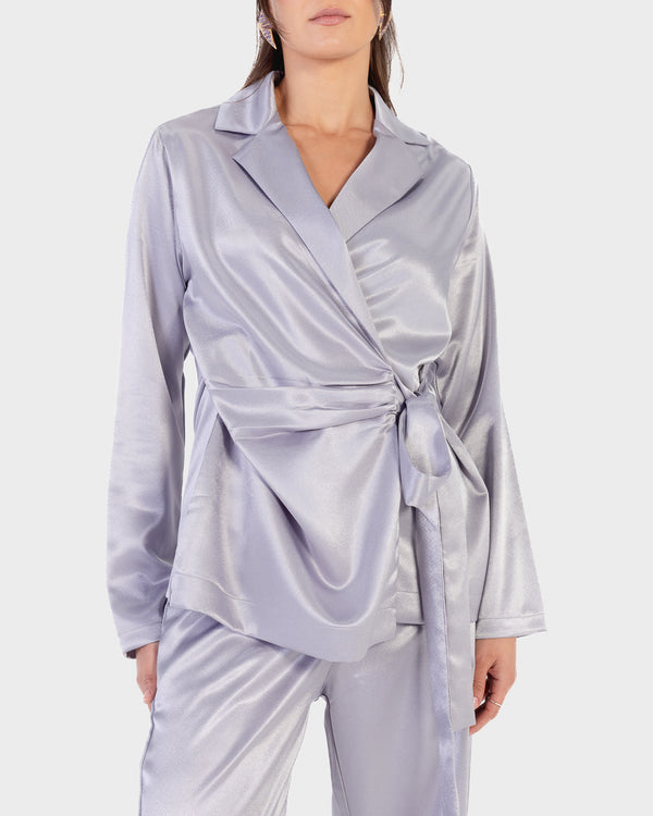 Satin Wrap Blazer Set in Silver