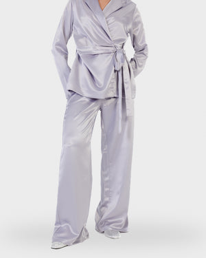 Satin Wrap Blazer Set in Silver
