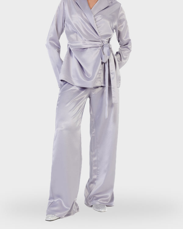 Satin Wrap Blazer Set in Silver
