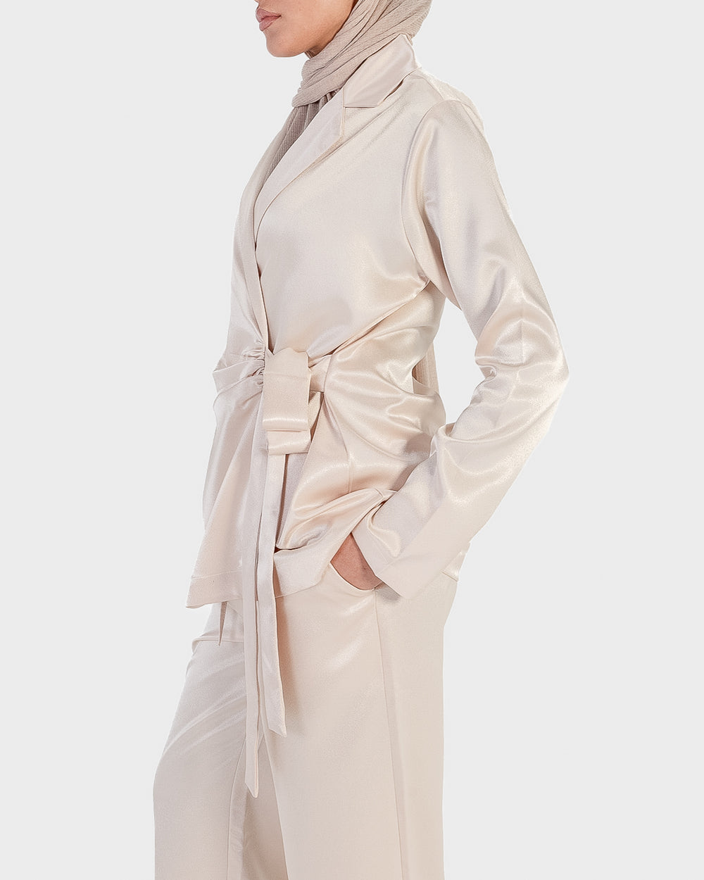 Satin Wrap Blazer in Champagne