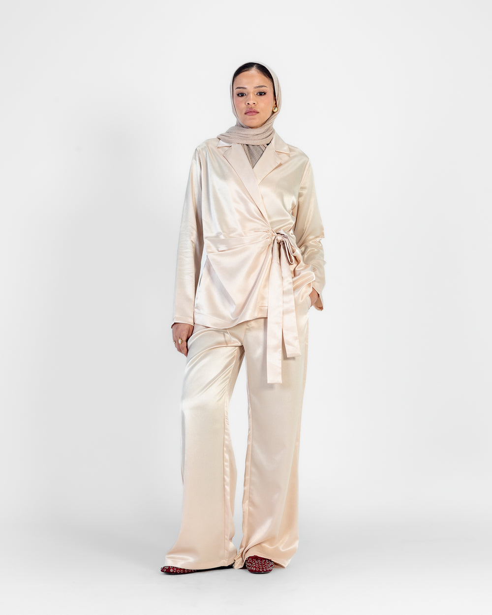 Satin Wrap Blazer in Champagne