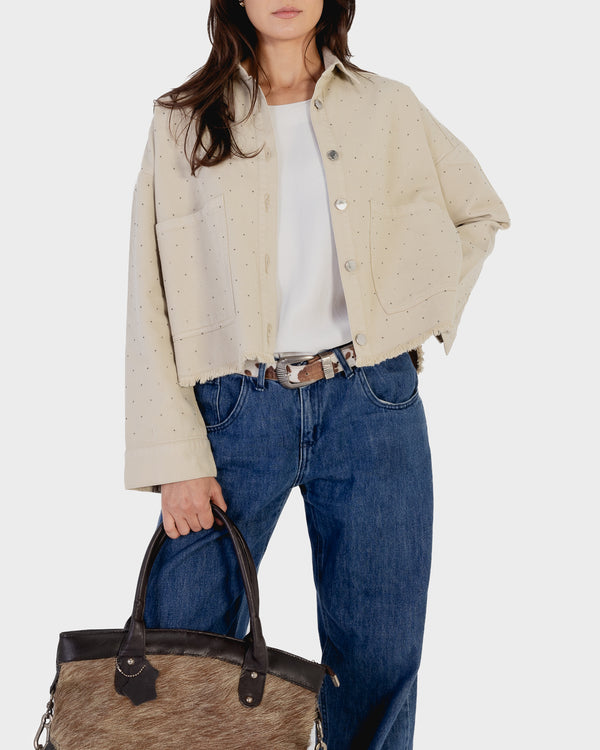 Bedazzled Raw-Hem Denim Jacket in Light Khaki