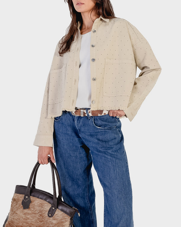 Bedazzled Raw-Hem Denim Jacket in Light Khaki