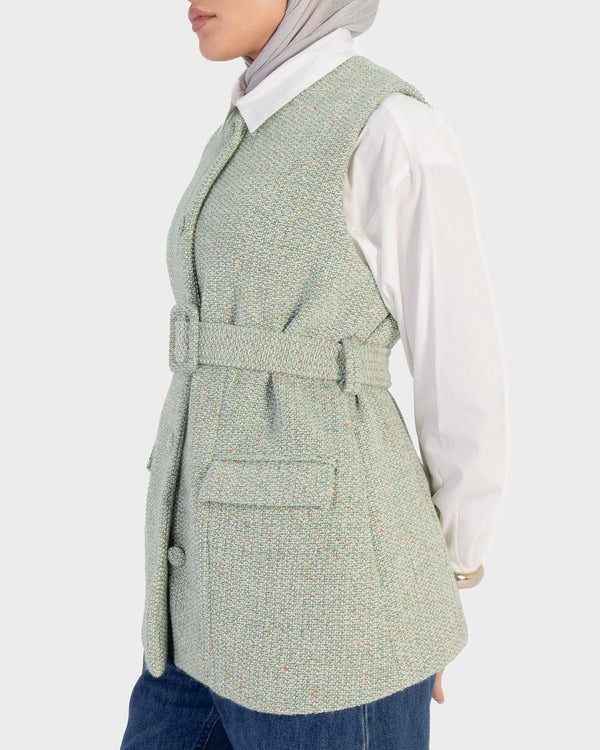 Tweed Belted Vest in Green