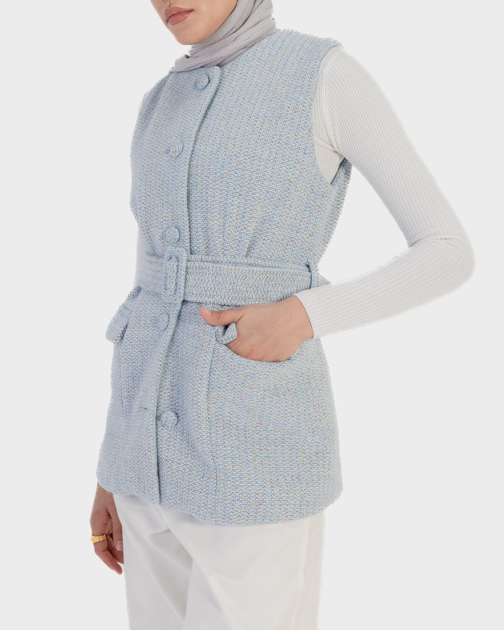 Tweed Belted Vest in Blue