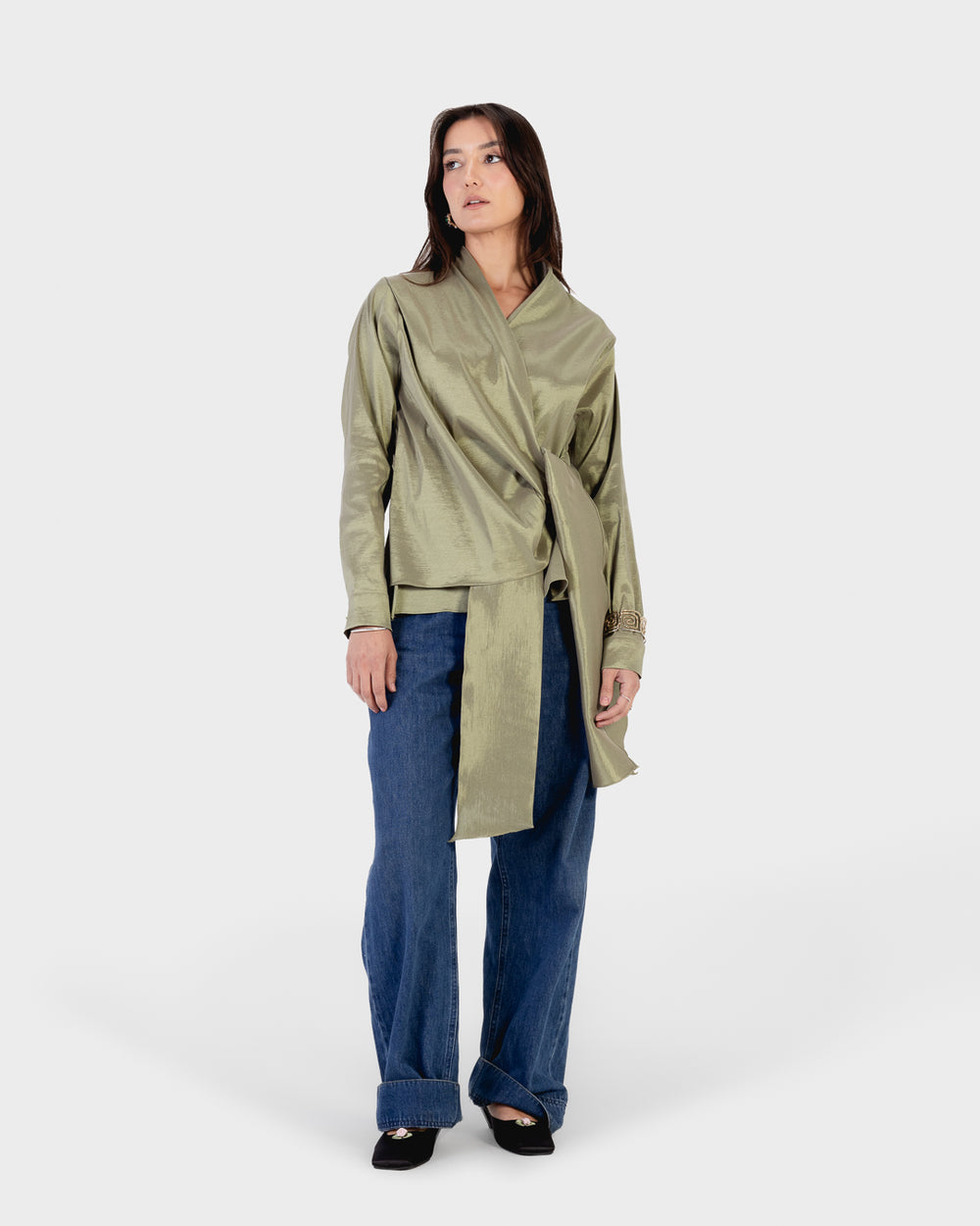 Side Wrap Taffeta Top in Olive