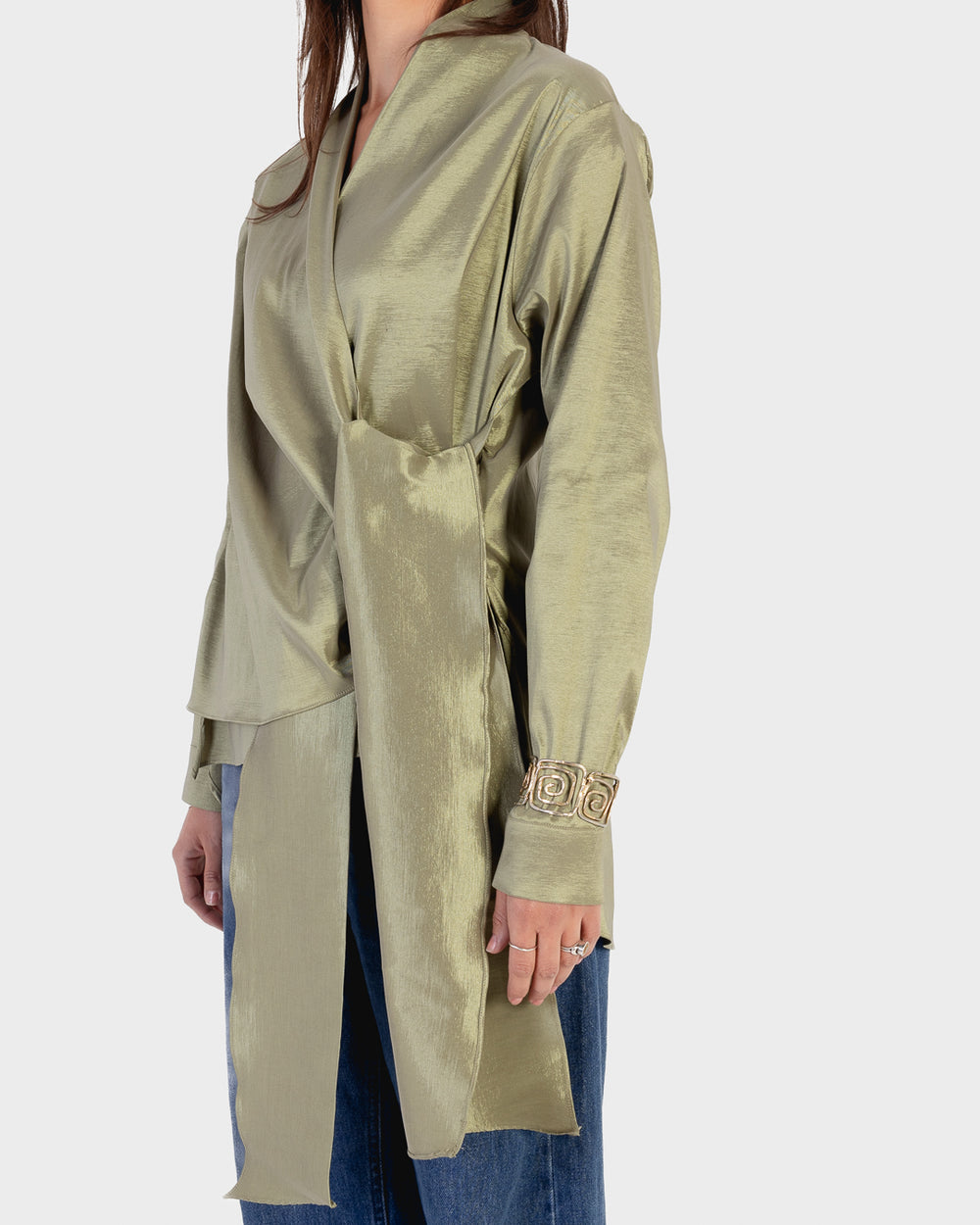 Side Wrap Taffeta Top in Olive