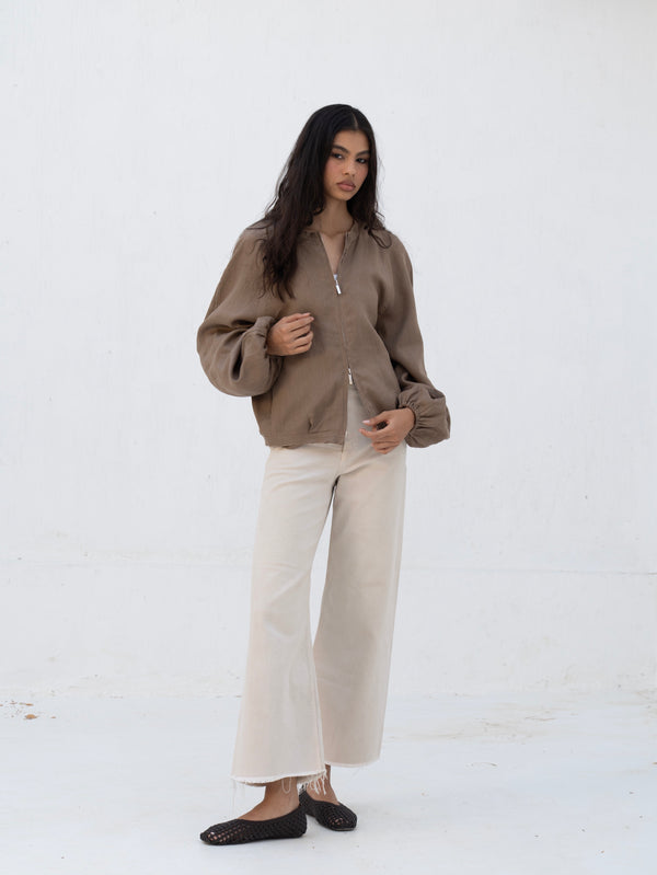 Linen Bomber Jacket in Light Brown