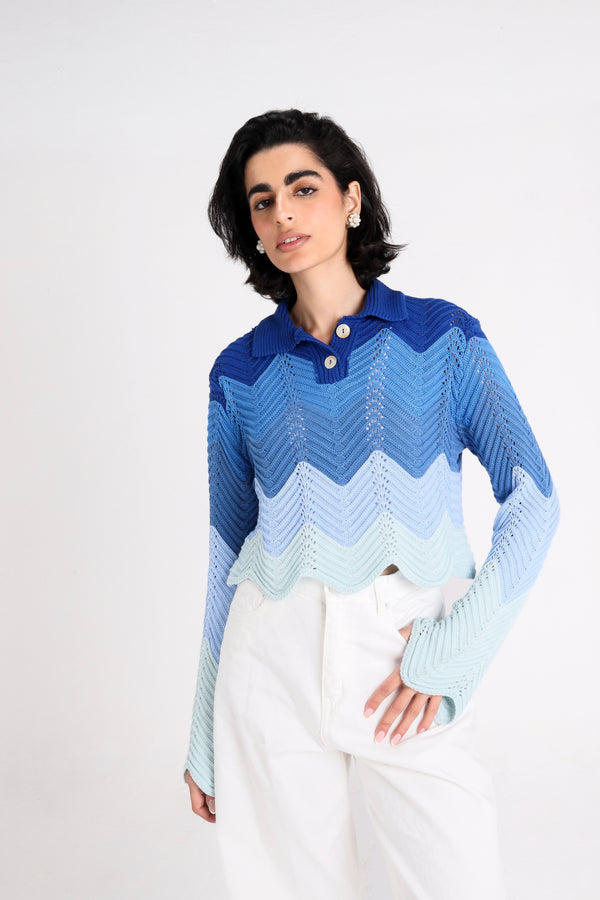 Pointelle Polo Shirt in Blue