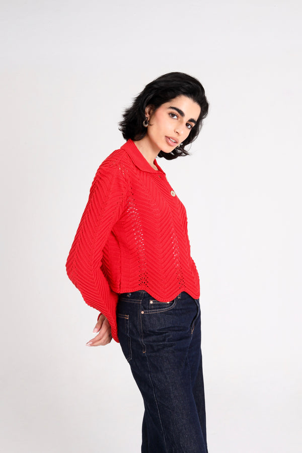 Pointelle Polo Shirt in Red