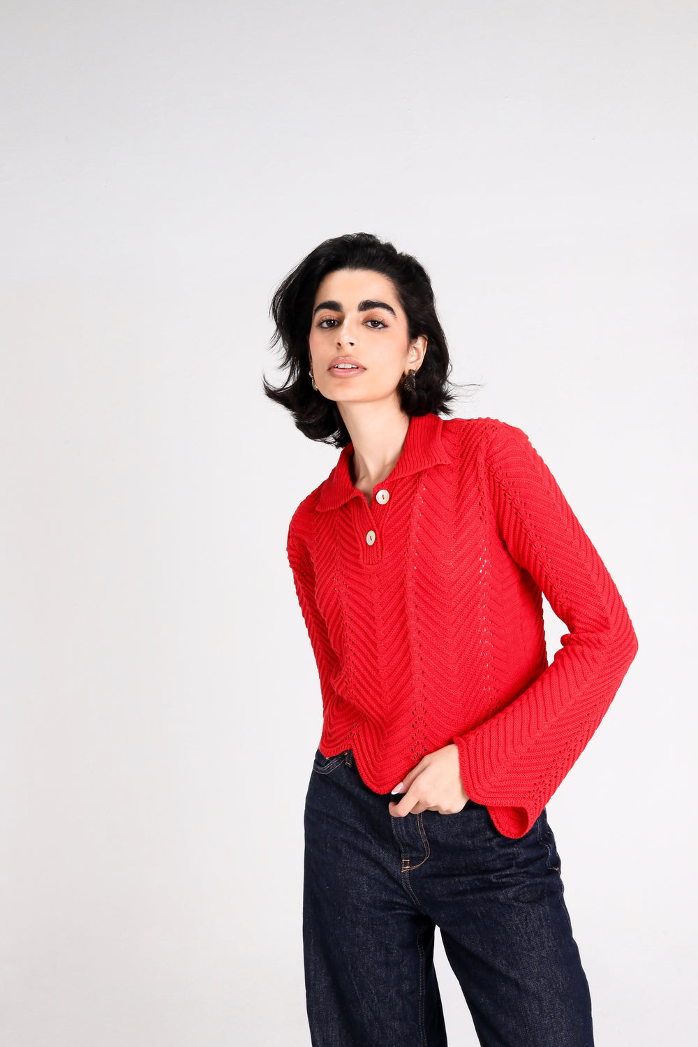 Pointelle Polo Shirt in Red