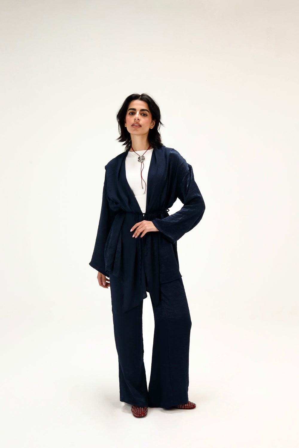 Satin Wrap Kimono Set in Navy