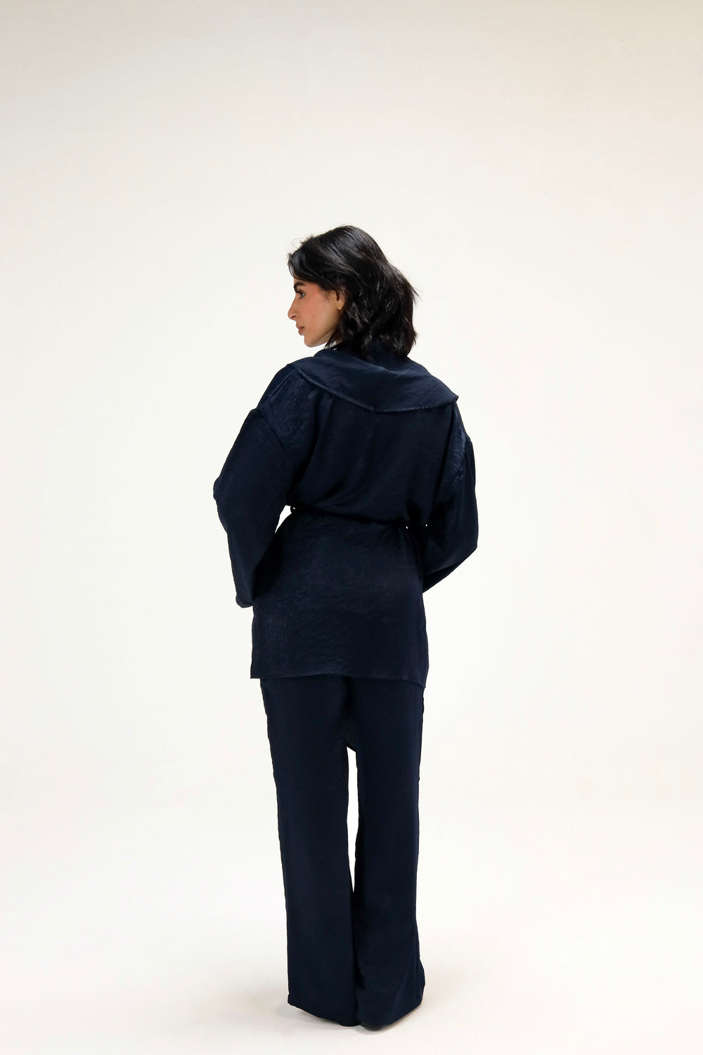 Satin Wrap Kimono Set in Navy