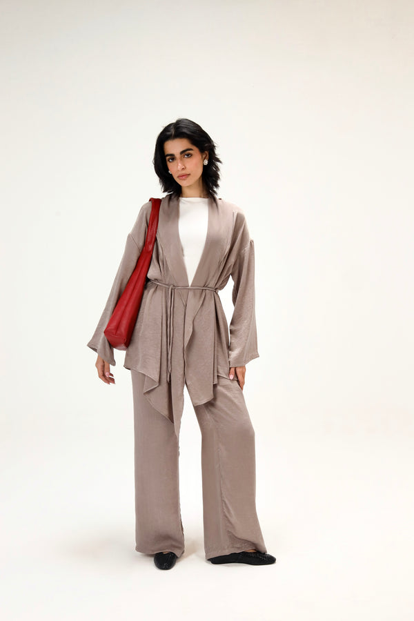 Satin Wrap Kimono Set in Cafe