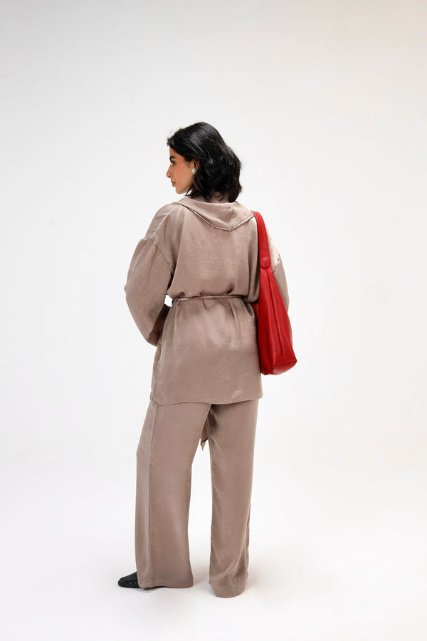 Satin Wrap Kimono Set in Cafe