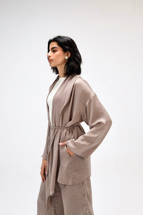 Satin Wrap Kimono Set in Cafe