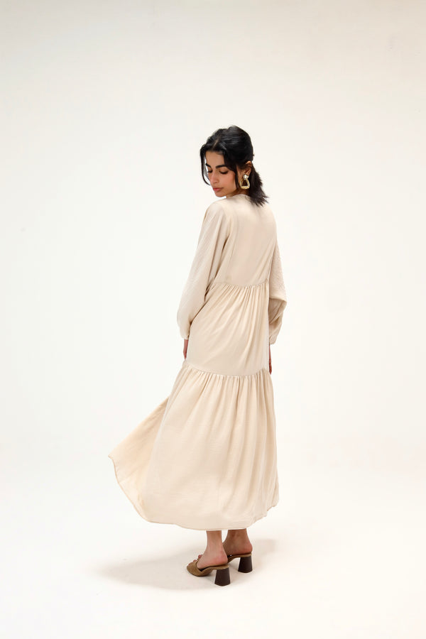 Flowy Gathered Dress in Beige