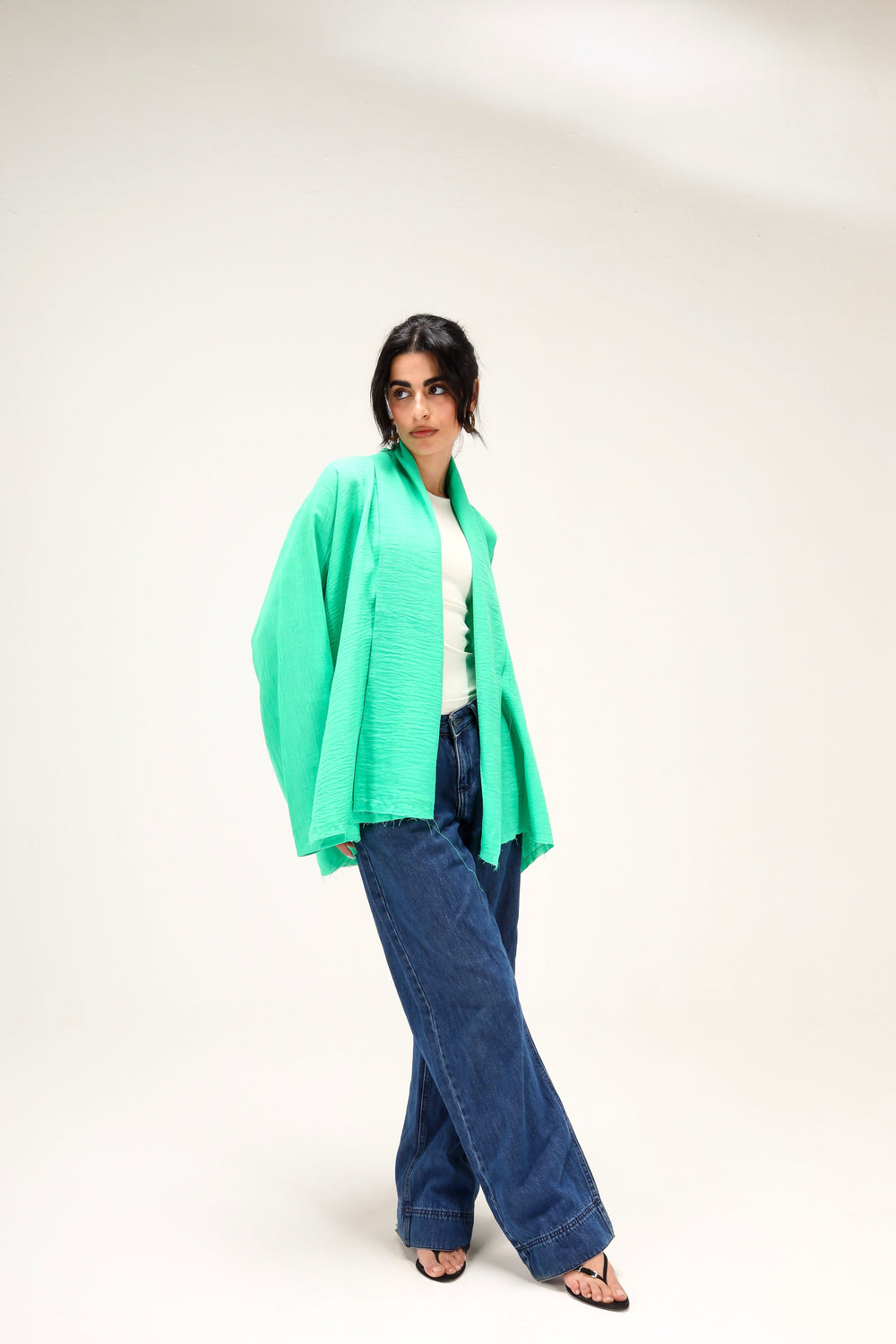 Raw-Hem Linen Kimono in Green