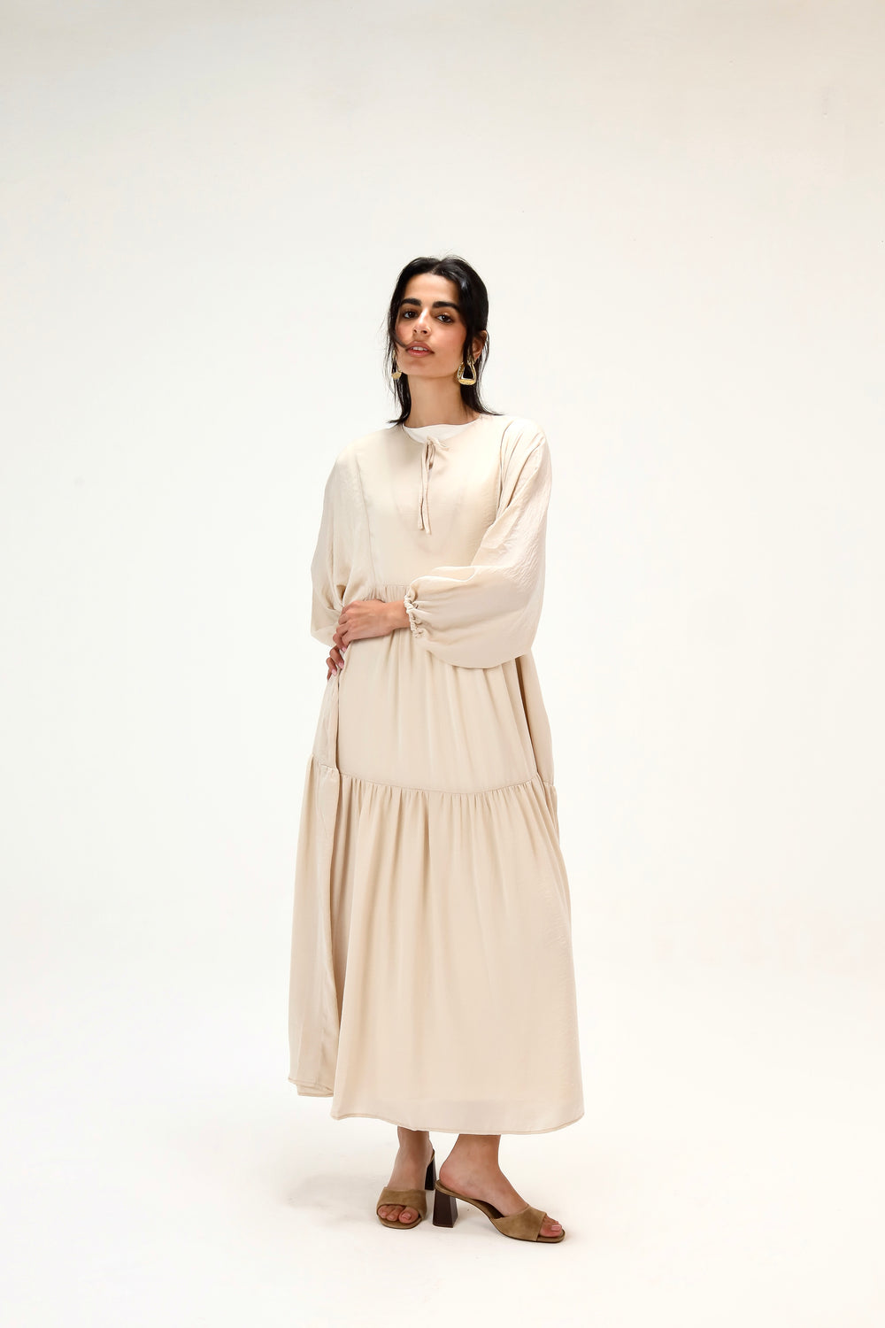 Flowy Gathered Dress in Beige
