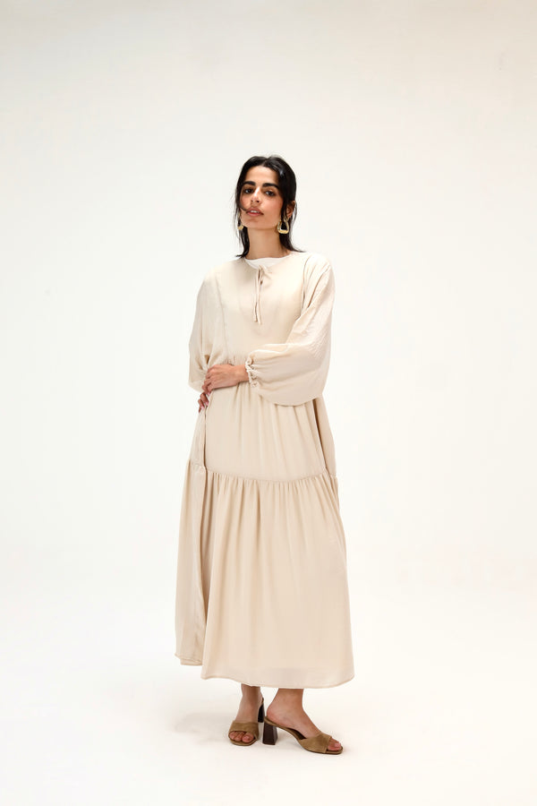 Flowy Gathered Dress in Beige