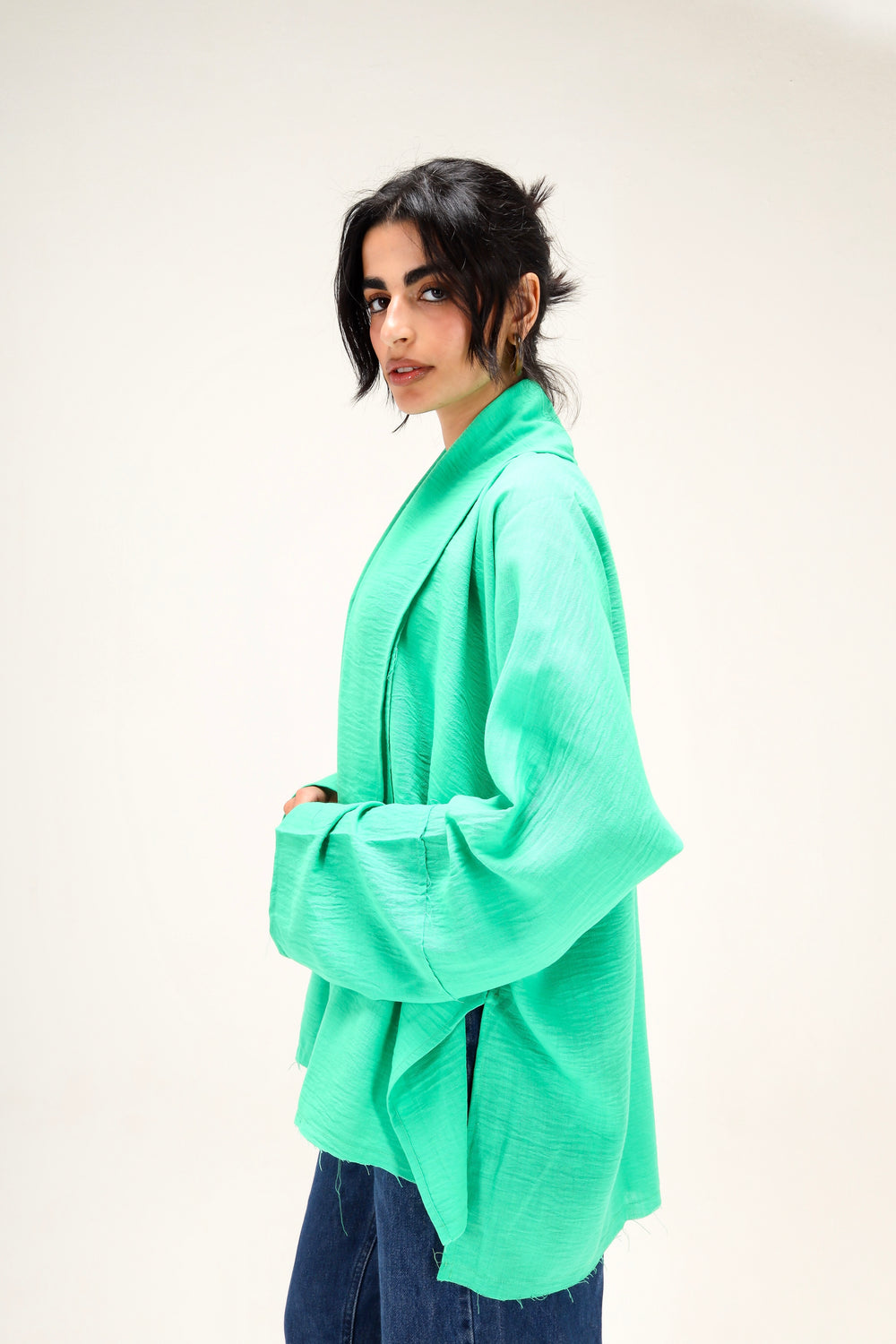 Raw-Hem Linen Kimono in Green