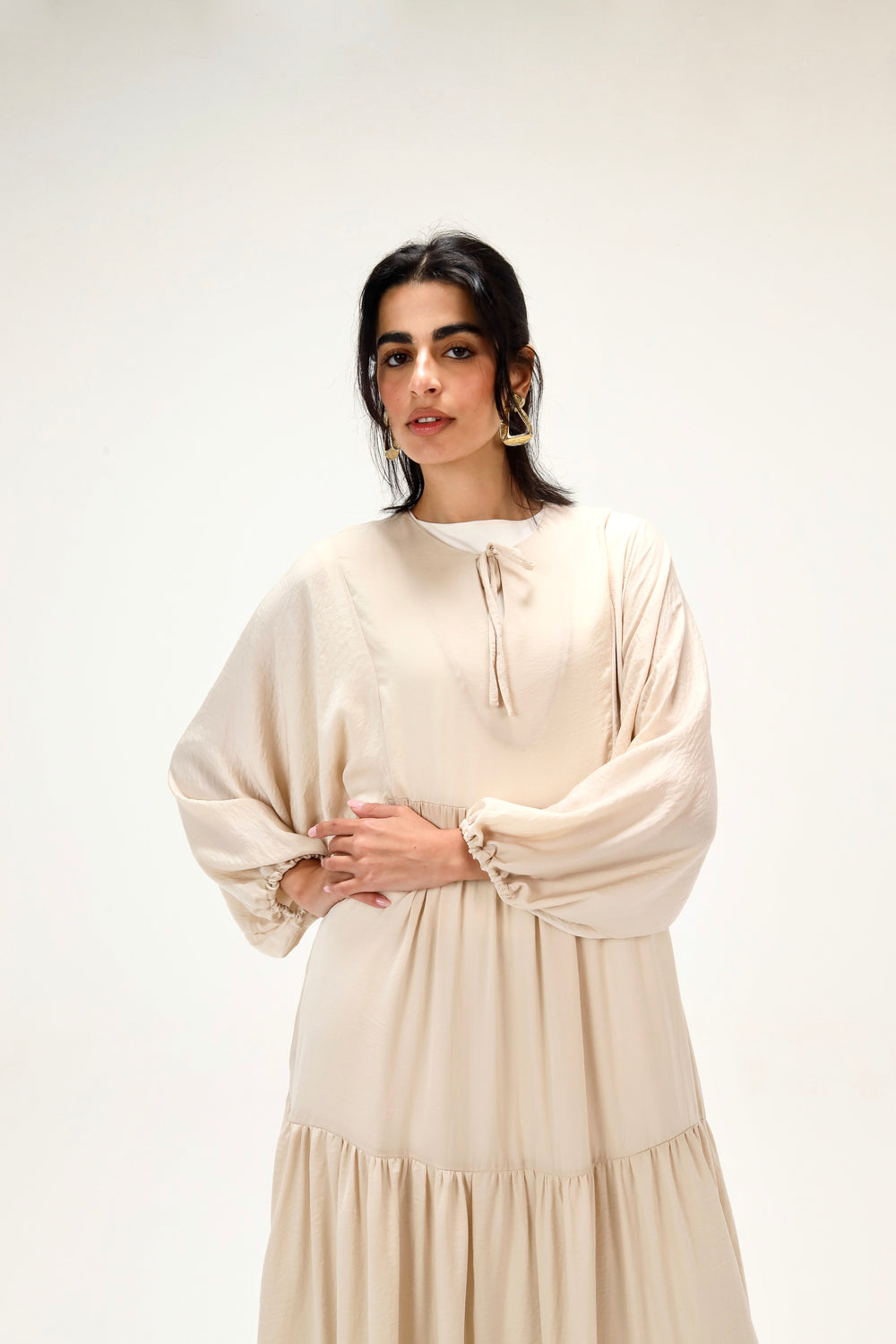 Flowy Gathered Dress in Beige