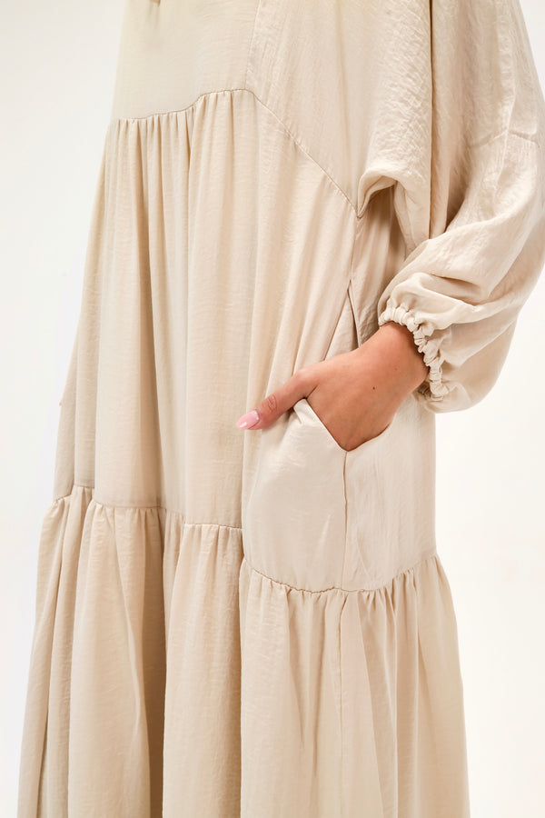Flowy Gathered Dress in Beige
