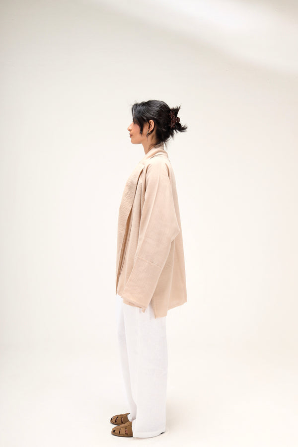 Raw-Hem Linen Kimono in Beige