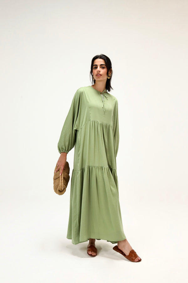 Flowy Gathered Dress in Apple Green