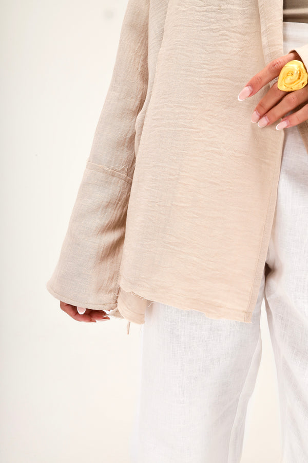 Raw-Hem Linen Kimono in Beige
