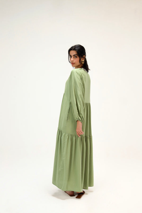 Flowy Gathered Dress in Apple Green