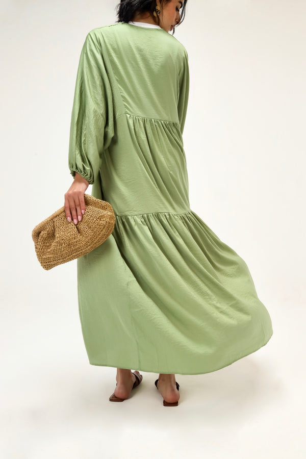 Flowy Gathered Dress in Apple Green