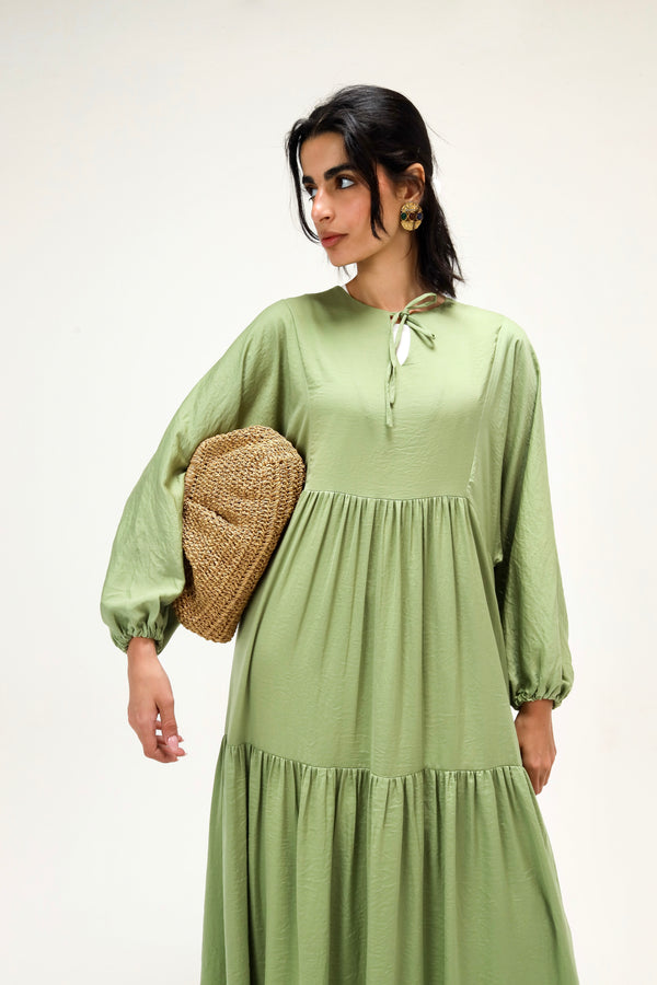 Flowy Gathered Dress in Apple Green