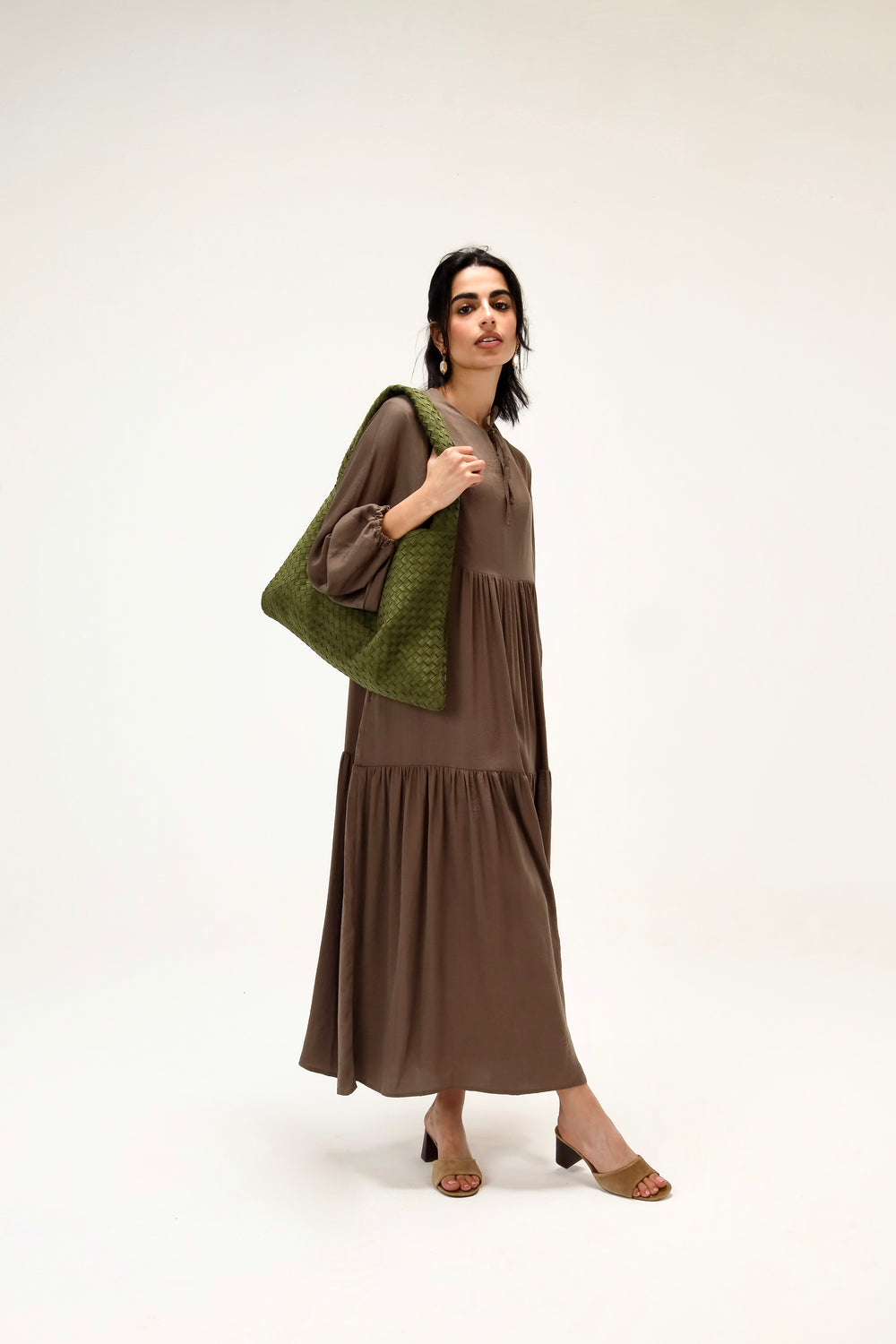Flowy Gathered Dress in Dark Olive