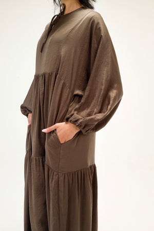Flowy Gathered Dress in Dark Olive